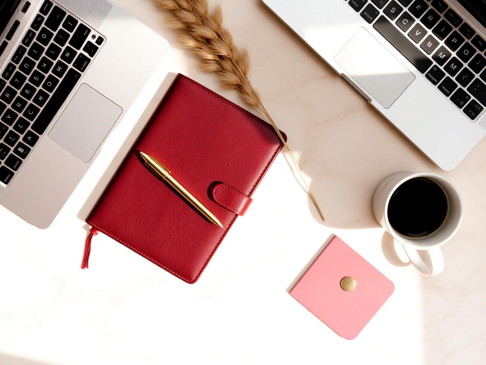 Elegant burgundy planner, gold pen, and laptop on a cream marble desk